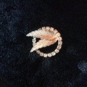Vintage Mid-Century Modern Gold Tone and Rhinestone Ring with Fern Brooch/Pin